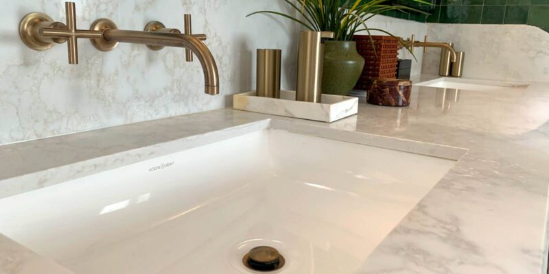 Closeup of marble countertop on vanity