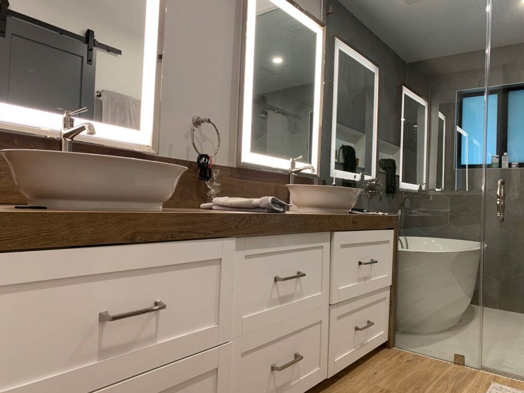 Primary bath dual vanity with vessel sinks