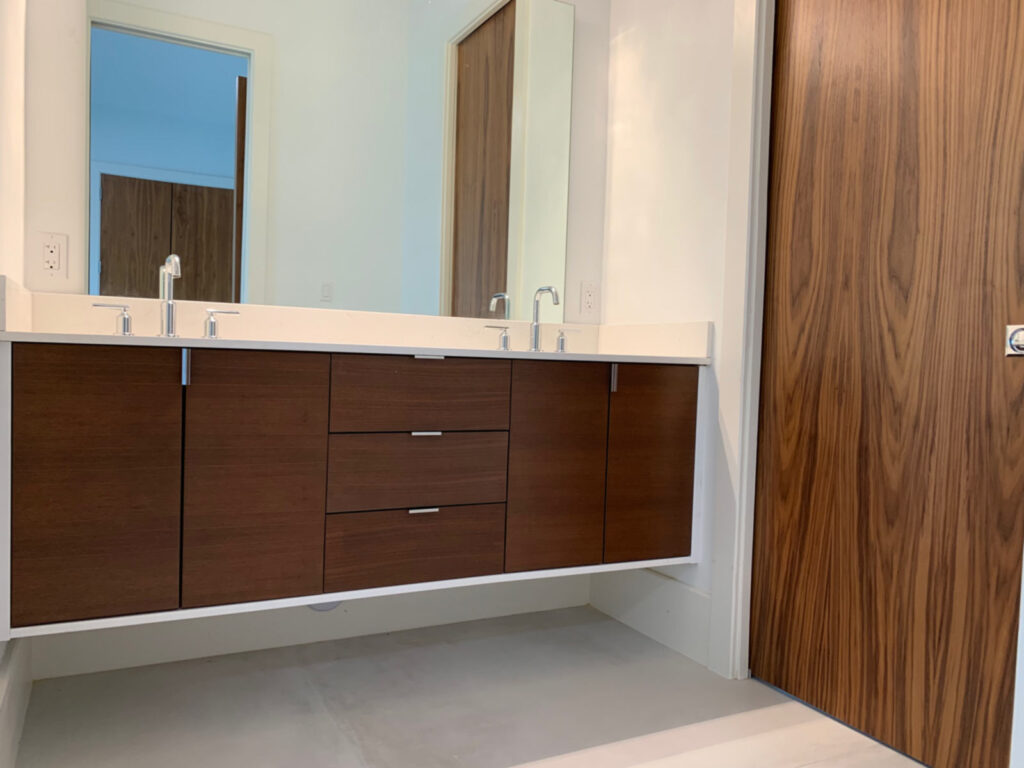 Dual floating vanity in the Jack & Jill bathroom