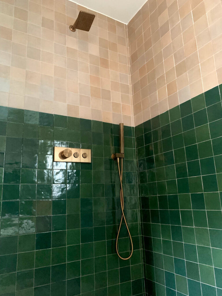 Shower enclosure with brass controls and shower head in primary bathroom